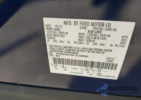 2015 Ford Police Interceptor из США, поврежденный, VIN 1FM5K8AT8FGC08890